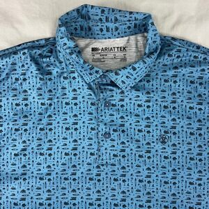 ARIAT Polo Shirt Mens Size Large Blue All Over Print Outdoor Adventure Ariatek